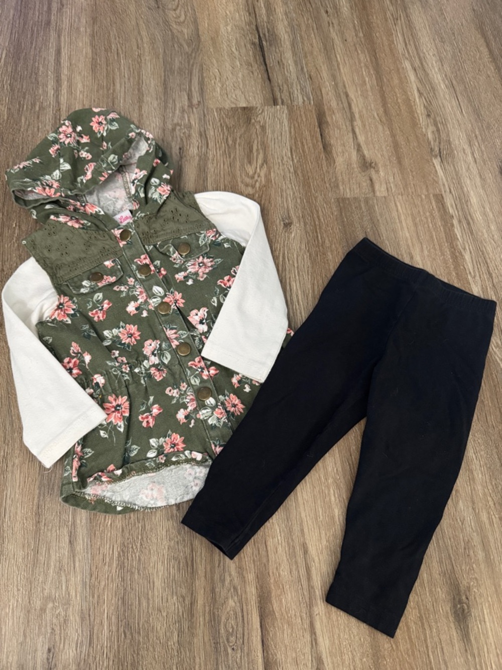 Kids Floral Hooded Vest, Shirt & Black Leggings Set - Olive Green & Black